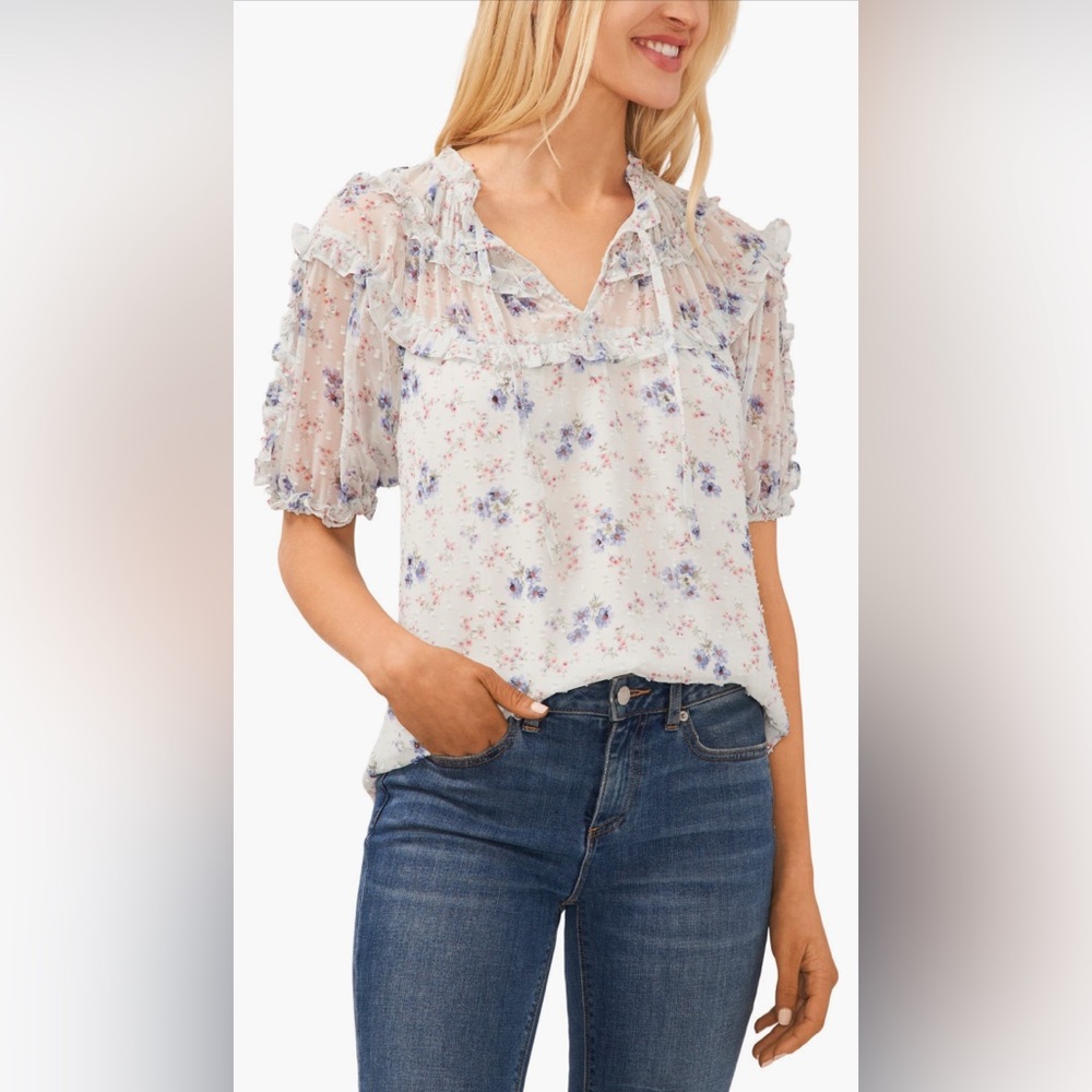 CeCe Floral Clip Dot Ruffle Trim Blouse White and Spa Blue - Size XL